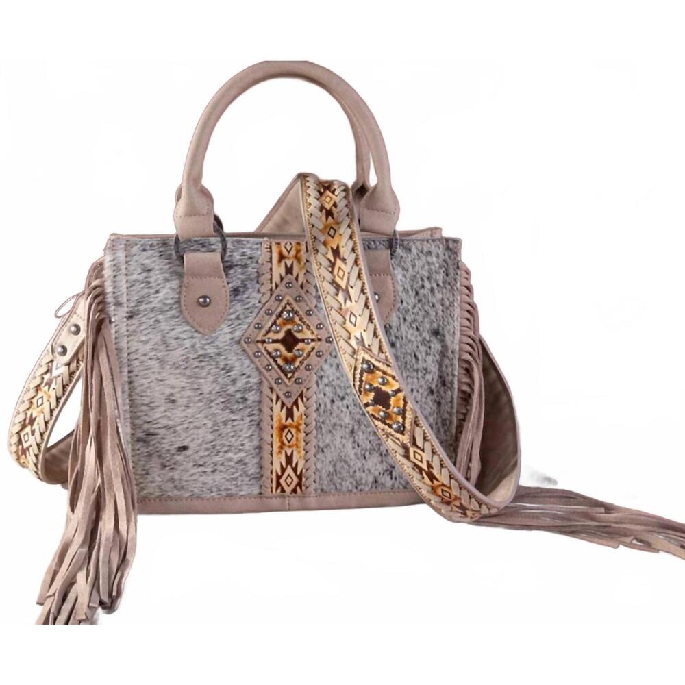 NEW TRINITY RANCH women's concealed carry hair-on tooled fringe purse in tan/nat